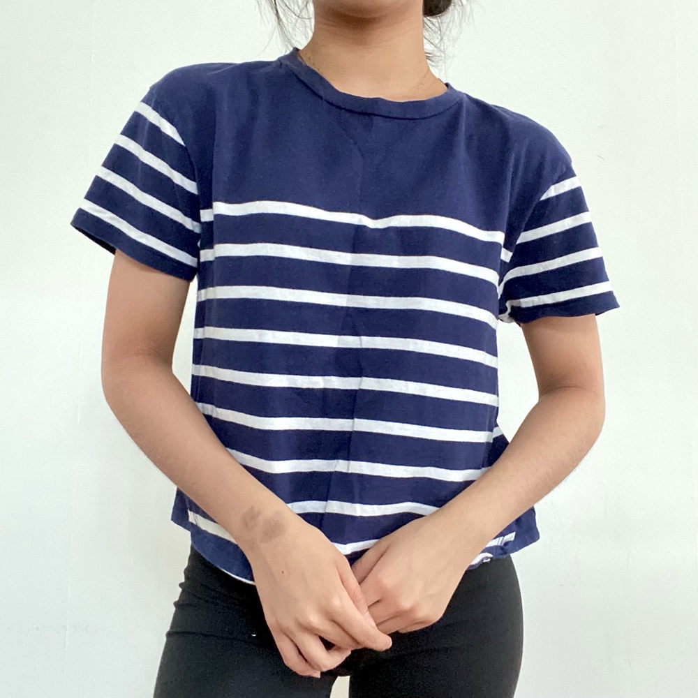 Forever 21 Navy Blue and White Striped Boxy Tee